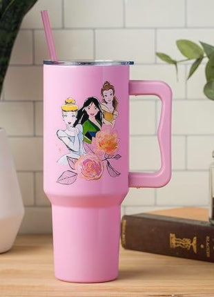 Silver Buffalo Disney Princess Featuring Cinderella, Mulan, Belle, Ariel, Tiana, and Jasmine Stainless Steel Tumbler with Handle and Straw, Fits in Standard Cup Holder, 40 Ounces