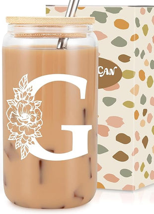 Coolife Initial Glass Cup, Monogrammed Gifts for Women, 16 oz Glass Cups w/Lids Straws, Iced Coffee Smoothie Beer Tumbler w/Straw Lid - Personalized Christmas, Birthday Gifts for Her Mom Friend Woman