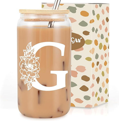 Coolife Initial Glass Cup, Monogrammed Gifts for Women, 16 oz Glass Cups w/Lids Straws, Iced Coffee Smoothie Beer Tumbler w/Straw Lid - Personalized Christmas, Birthday Gifts for Her Mom Friend Woman