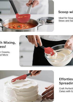 Coukre Silicone Kitchen Cooking Utensils Set with Holder – Heat-Resistant, Food-Grade Kitchen Tools, Spatula, Spoon & Gadgets for Non-Stick Pans, Dishwasher Safe (14, Red)