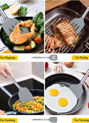 Pack of 2 Silicone Solid Turner, Non Stick Slotted Kitchen Spatulas, High Heat Resistant BPA Free Cooking Utensils, Ideal Cookware for Fish, Eggs, Pancakes(Gray)