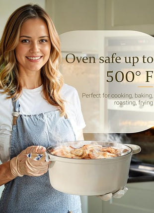 Overmont Enameled Cast Iron Dutch Oven - 4.5QT Pot with Lid Cookbook & Cotton Potholders - Heavy-Duty Cookware for Braising, Stews, Roasting, Bread Baking Cream White