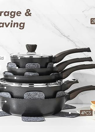 SENSARTE Pots and Pans Set Non stick, Non toxic Healthy Induction Cookware Set, 14 Pcs Non Stick Kitchen Cooking Set with Frying Pans Set & Saucepan, PFOA PFOS APEO Free, Black
