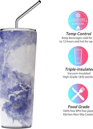 THILY Stainless Steel Vacuum Insulated Tumbler 26 oz Triple-Insulated Travel Mug with Splash-Proof Lid, for Iced Coffee and Hot Beverage, Gold Marble + Blue Marble
