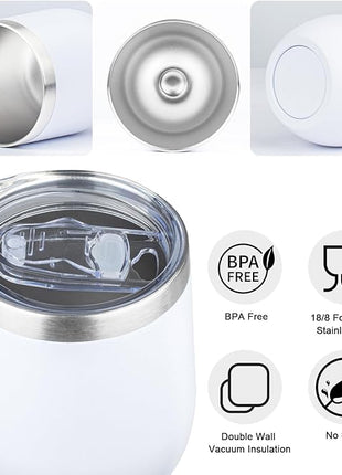 MEZMUT 12 Oz Insulated Wine Tumbler with Lid Double Wall Vacuum Stainless Steel Wine Glass Coffee Mug Insulated Tumbler Cup for Champaign, Cocktail, Beer (White, 6 Pack)