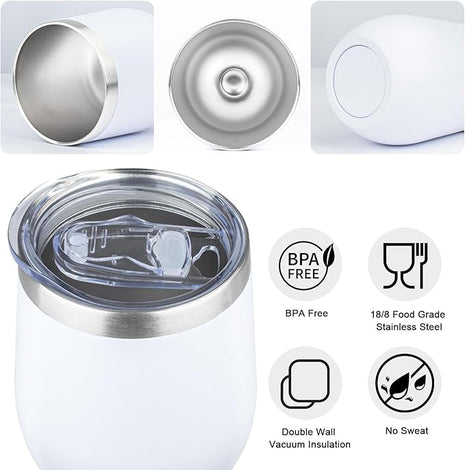 MEZMUT 12 Oz Insulated Wine Tumbler with Lid Double Wall Vacuum Stainless Steel Wine Glass Coffee Mug Insulated Tumbler Cup for Champaign, Cocktail, Beer (White, 1 Pack)