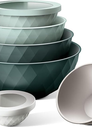 COOK WITH COLOR Mixing Bowls with Lids - 12 Piece Plastic Nesting Bowls Set includes 6 Prep Bowls and 6 Lids, Diamond Design - Microwave Safe, Green