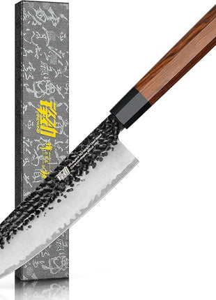 FINDKING Dynasty Series Japanese Santoku Knife, Professional Kitchen Knife, 9Cr18MoV High Carbon Steel Blade, African Rosewood Octagonal Handle, for Meat, Fruits, Vegetables, 7 Inches