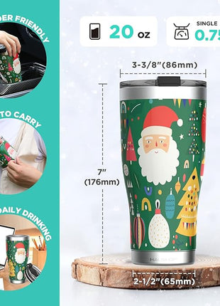 HAUSHOF 20oz Christmas Tumbler, Stainless Steel and Double Wall Insulated Travel Coffee Mug with Lid, Good Choice for Christsmas Gifts-Deep Green with Santa Claus