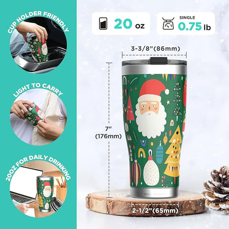 HAUSHOF 20oz Christmas Tumbler, Stainless Steel and Double Wall Insulated Travel Coffee Mug with Lid, Good Choice for Christsmas Gifts-Deep Green with Santa Claus
