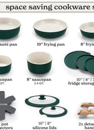 Country Kitchen Cookware Set with Removable Handle, Oven & RV Safe Pots and Pans Set, Sage Wood Handle, Original