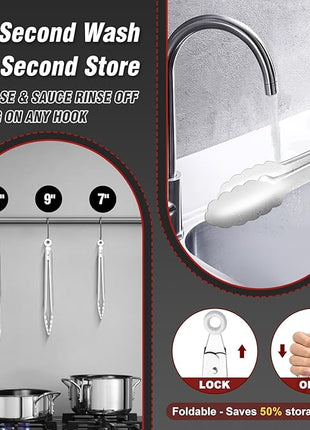 Walfos Kitchen Tongs for Cooking, 600℉ Heat Resistant Stainless Steel Tongs, All Metal Heavy Duty Tongs For Food ,BBQ Grilling - 7 ，9 and 12 Inch ,Set of 3