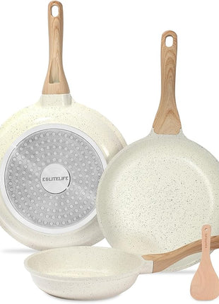 ESLITE LIFE Nonstick Ceramic Frying Pans Skillets Set, Non-Toxic Egg Omelette Kitchen Cooking Pans Compatible with All Stovetops (Gas, Electric & Induction), PTFE & PFOA Free (White)