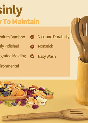 Wooden Spoons for Cooking 7-Piece, Kitchen Nonstick Bamboo Cooking Utensils Set, Carbonized Bamboo Durability Spatula Spoon for Everyday Use