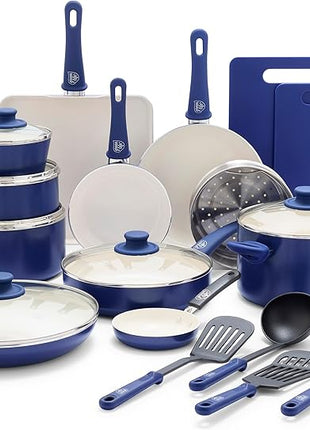 GreenLife Soft Grip 23 Piece Kitchen Cookware Pots and Frying Saucepans Set, Healthy Ceramic Nonstick PFAS and PFOA-Free, Dishwasher and Oven Safe, Even Heating, Easy Clean, Warp Control, Blue