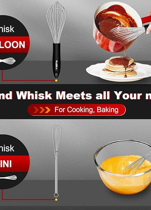 Stainless Steel Whisk Set with 7"+5" Mini whisks, Walfos Heavy Duty Whisks, Kitchen wisk (7+9+11in) Premium for Whisking, Blending, Beating, Frothing & Stirring.