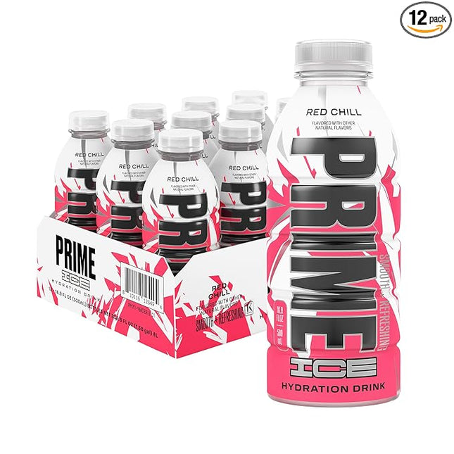 PRIME Hydration ICE RED CHILL, Sports Drinks, Electrolyte Enhanced for Ultimate Hydration, 250mg BCAAs, B Vitamins, Antioxidants, Low Sugar, 16.9 Fl Oz, 12 Pack