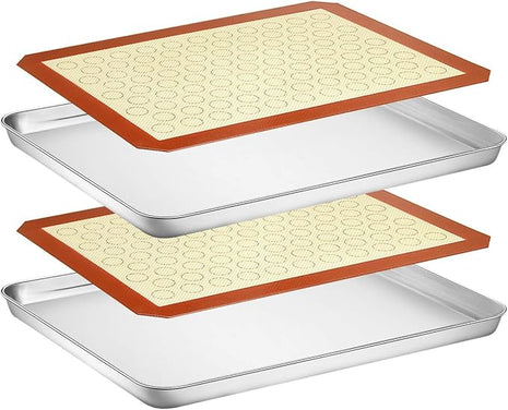 Wildone Baking Sheet with Silicone Mat Set, Stainless Steel Cookie Pan with Baking Mat, Size 16 x 12 x 1 Inch, Set of 4-2 Sheets + 2 Mats