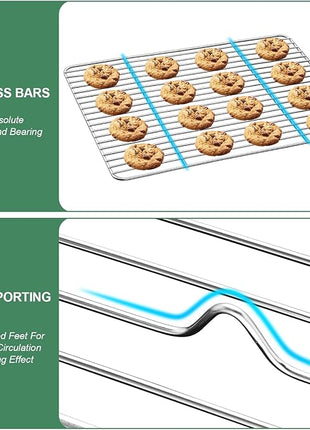 Stainless Steel Baking Sheets with Rack, HKJ Chef Cookie Sheets and Nonstick Cooling Rack & Baking Pans for Oven & Toaster Oven Tray Pans, Rectangle Size 12.5L x 10W x 1H inch & Non Toxic & Healthy
