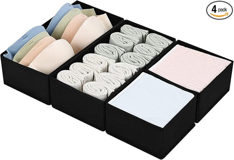 DIMJ Drawer Organizers - Set of 4 Foldable Closet Dividers for Baby Clothes, Socks, Belt, Tie (Black)
