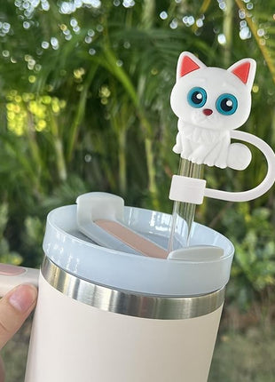 Velaco 10Pcs 0.4in/10mm Diameter Silicone Straw Covers Cap Compatible with Stanley 20 30&40 Oz Cup, Cute Cat Straw Toppers for Stanley 40 Oz Tumbler with Handle, Dust-Proof Straw Caps for Water Bottle