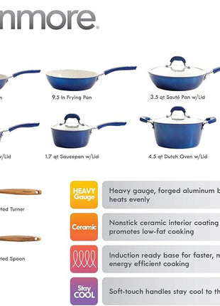Kenmore Arlington Nonstick Ceramic Coated Forged Aluminum Induction Cookware with Bakelite Handles, 12-Piece Set, Metallic Blue