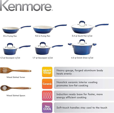 Kenmore Arlington Nonstick Ceramic Coated Forged Aluminum Induction Cookware with Bakelite Handles, 12-Piece Set, Metallic Blue