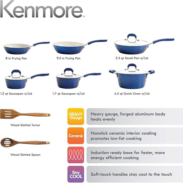 Kenmore Arlington Nonstick Ceramic Coated Forged Aluminum Induction Cookware with Bakelite Handles, 12-Piece Set, Metallic Blue
