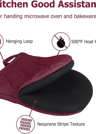 Oven Mitts and Pot Holders Set, Pack of 4, Heat Resistant Silicone Kitchen Mini Oven Mittens for 500 Degrees, Mini Oven Gloves and Hot Pads for Baking Grilling Barbecue Microwave Machine Washable
