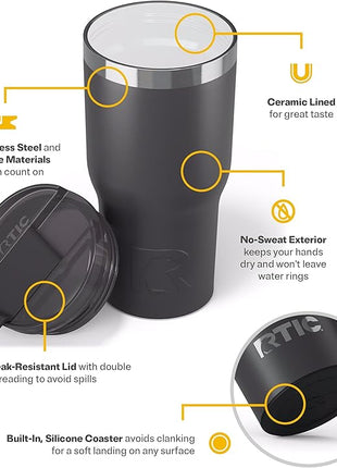 RTIC 20oz Essential Tumbler with Lid, Ceramic Lined, Insulated, Stainless Steel, Metal, Double Wall Vacuum-Insulation, Travel Cup for Iced Coffee, Tea, Hot and Cold Drink, Graphite