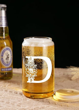 Coolife Initial Glass Cup, Monogrammed Gifts for Women, 16 oz Glass Cups w/Lids Straws, Iced Coffee Smoothie Beer Tumbler w/Straw Lid - Personalized Christmas, Birthday Gifts for Her Mom Friend Woman