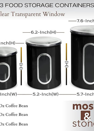 Moss & Stone 3-Piece Black Canisters Sets For The Kitchen, Airtight Canister Set With See Through Window, Storage Jars for Coffee Container, Tea Organizer & Sugar Canister, Black Kitchen Canisters