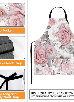 Britimes Apron Home Kitchen Cooking Baking Gardening for Women Men with Pockets Pink Flowers Leaves Watercolor Floral 32x28 inch