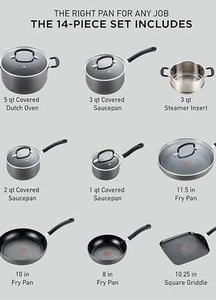 T-fal Ultimate Hard Anodized Nonstick Cookware Set 14 Piece, Oven Broiler Safe 400F, Lid Safe 350F, Kitchen Cooking Set w/Fry Pans, Saucepans, Griddle, Dutch Oven, Pots & Pans, Dishwasher Safe, Black