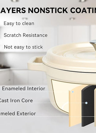 Miereirl 6.5 Quart Enameled Dutch Oven Pot with Lid, Cast Iron Dutch Oven with Dual Handles for Bread Baking, Cooking, Non-stick Enamel Coated Cookware (Beige)