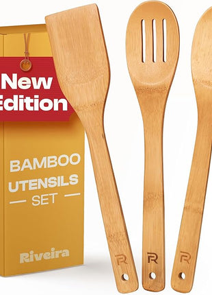 Riveira Bamboo Wooden Spoons for Cooking 3-Piece, Apartment Essentials Wood Spatula Spoon Nonstick Kitchen Utensil Set Premium Quality Housewarming Gifts for Everyday Use
