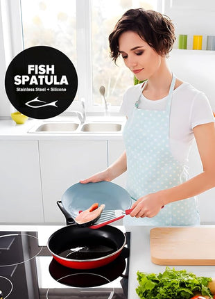 Silicone Fish Spatula Turner Set of 2, Thin Slotted Spatulas Turner for Nonstick Cookware,Heat Resistant Flexible Stainless Steel Kitchen Cooking Spatula Flipper for Fish, Egg, Pancake (RGN)