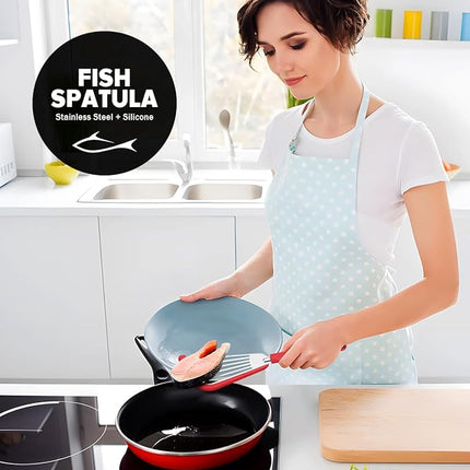 Silicone Fish Spatula Turner Set of 2, Thin Slotted Spatulas Turner for Nonstick Cookware,Heat Resistant Flexible Stainless Steel Kitchen Cooking Spatula Flipper for Fish, Egg, Pancake (RGN)