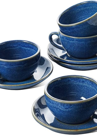LE TAUCI 8 oz Cappuccino Cups with Saucers, Ceramic Large Coffee Cup for Au Lait, Double shot, Latte, Cafe Mocha, Tea - Set of 4, Ceylon Blue