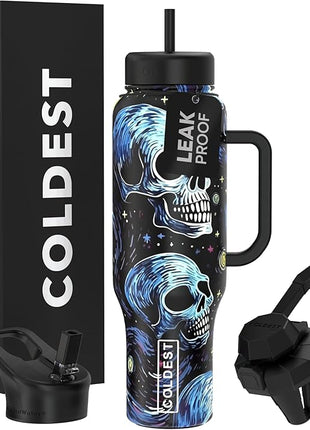 Coldest Tumbler with Handle and Straw, 100% Leak Proof Insulated Tumbler with Lid and Straw (3 Lids), Stainless Steel Tumblers for Women & Men, Cup Holder Friendly Base, 46 oz (Starry Skulls)