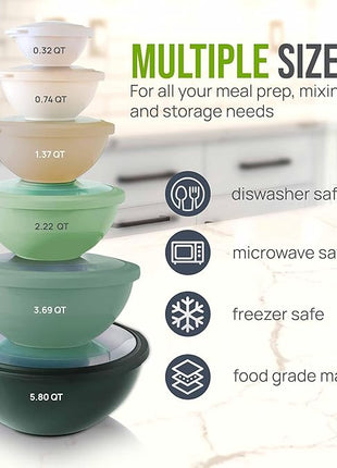 Zulay Kitchen 12 Piece Plastic Mixing Bowls with Leak-Proof Lids Set - Microwave and Freezer Safe Kitchen Mixing Bowls for Preparing, Serving and Storing - Large Nesting Bowls (Forest Ombre)