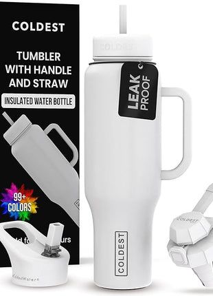 Coldest Tumbler with Handle and Straw - 100% Leak Proof Insulated Tumbler with Lid and Straw (3 Lids) - Stainless Steel Tumblers for Women & Men - Cup Holder Friendly Base, 46 oz (Epic White)