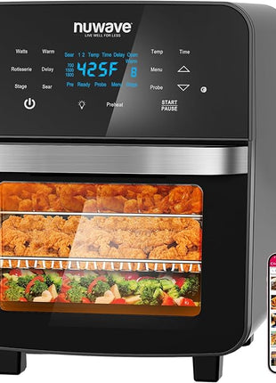 Nuwave Brio 15.5Qt 10-IN-1 Air Fryer Rotisserie Oven, XL Family Size, Even & Crisp AirFry, Reheat, Roast, Dehydrate for Quick Meals, 50°-425°F Control, 100 Presets & 50 Memory, Dishwasher-Safe, 1800W