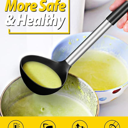 Pack of 2 Ladle Spoon,Silicone Large Spoon for Soup,Non Stick Kitchen Utensils with High Heat Resistant,BPA Free Perfect Kitchen Tools for Cooking, Stirring,Serving Soups (BLACK-WHITE)
