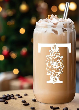 Coolife Initial Glass Cup, Monogrammed Gifts for Women, 16 oz Glass Cups w/Lids Straws, Iced Coffee Smoothie Beer Tumbler w/Straw Lid - Personalized Christmas, Birthday Gifts for Her Mom Friend Woman