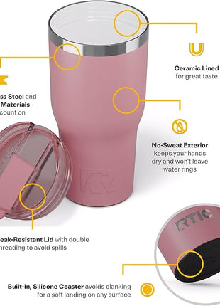RTIC 30oz Essential Tumbler with Lid, Ceramic Lined, Insulated, Stainless Steel, Metal, Double Wall Vacuum-Insulation, Travel Cup for Iced Coffee, Tea, Hot and Cold Drink, Dusty Rose