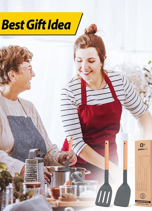 Pack of 2 Silicone Cooking Spatula, Heat Resistant Solid Turner, Non Stick Slotted Spatulas with Wooden Short Handle,Ideal Wood Kitchen Utensils Set for Frying, Baking, Flipping, Turning