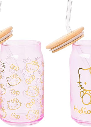 Silver Buffalo Sanrio Hello Kitty Gold 2 Pack Pink Glass Jar Tumbler with Bamboo Lid and Glass Straw, 16 Ounces