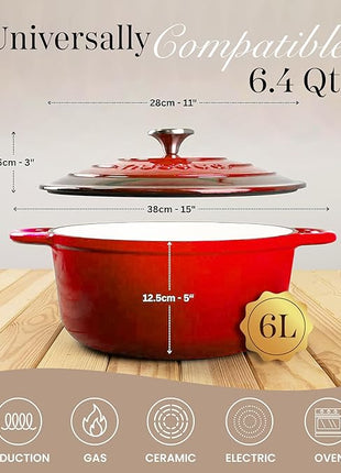 Nuovva Enamelled Cast Iron Dutch Oven Pot with Lid – 6.4 Quart Non Stick Casserole Pot – Heavy Duty & Oven Safe up to 500° F for Bread Baking, Braising, Stews, Roasting – 28cm Red