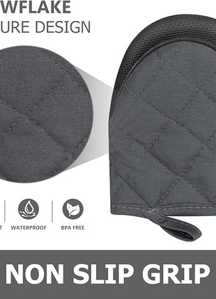1 Pair Short Oven Mitts - Silicone Kitchen Oven Gloves High Heat Resistant 500℉, Mini Oven Mits with Non-Slip Grip Surfaces and Hanging Loop for BBQ, Baking, Cooking and Grilling (Solid Gray)